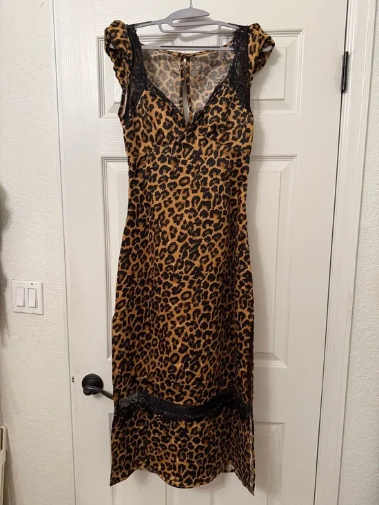Free People Leopard Print Slip Dress with Black Lace Trim - Picture 9 of 9